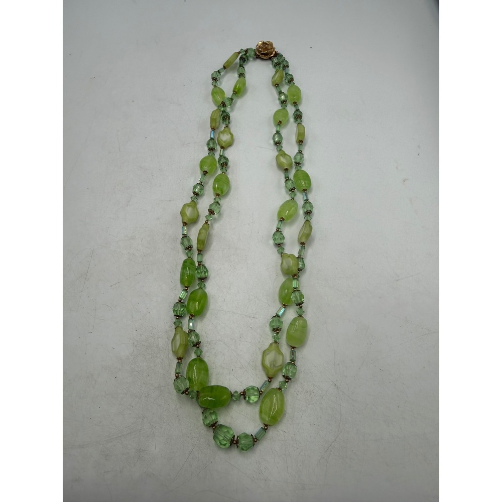 Vintage Green Art Glass Double Strand Beaded Necklace Rose Clasp Aurora Borealis